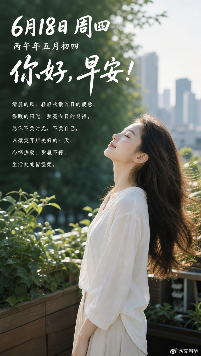 6月18日周四丙午年五月初四你好，早安！清晨的风，轻轻吹散昨日的疲惫；温暖的阳光