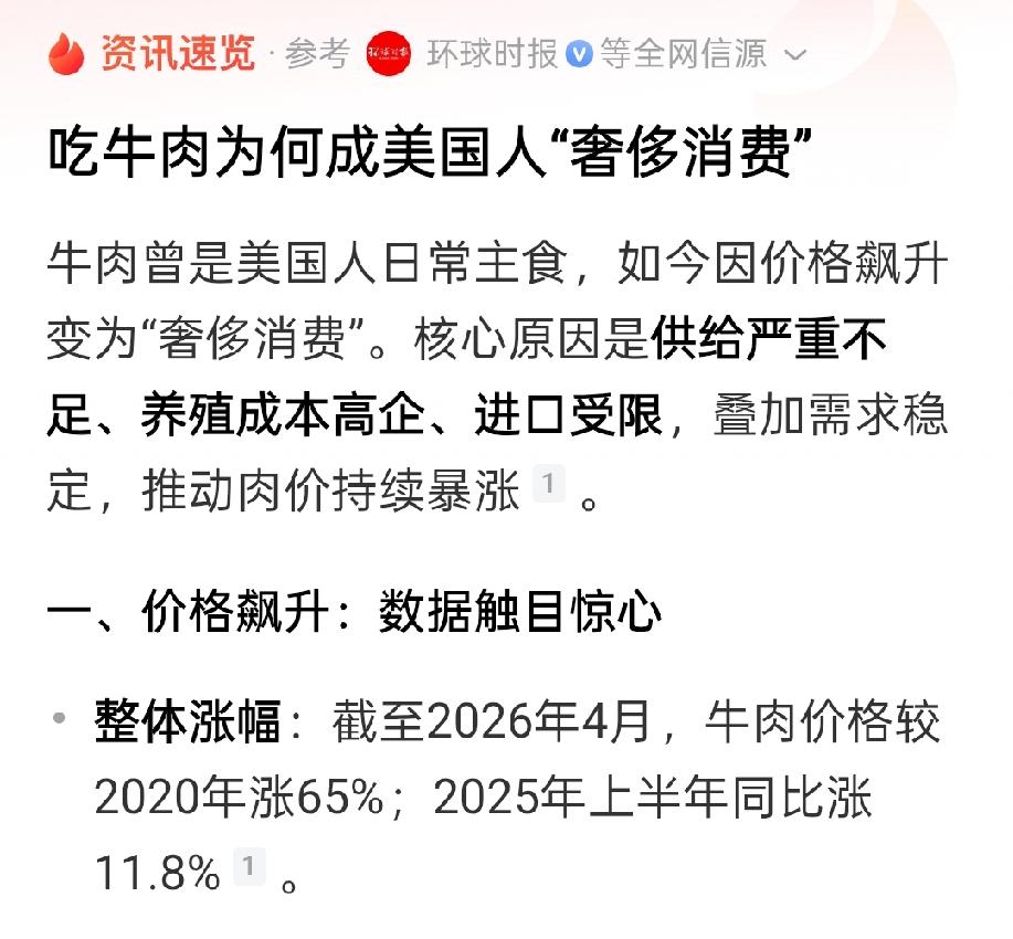 美国牛肉已经贵到吃不起了吗？环球时报报道，美国人已经吃不起牛肉，开始找平替。
所