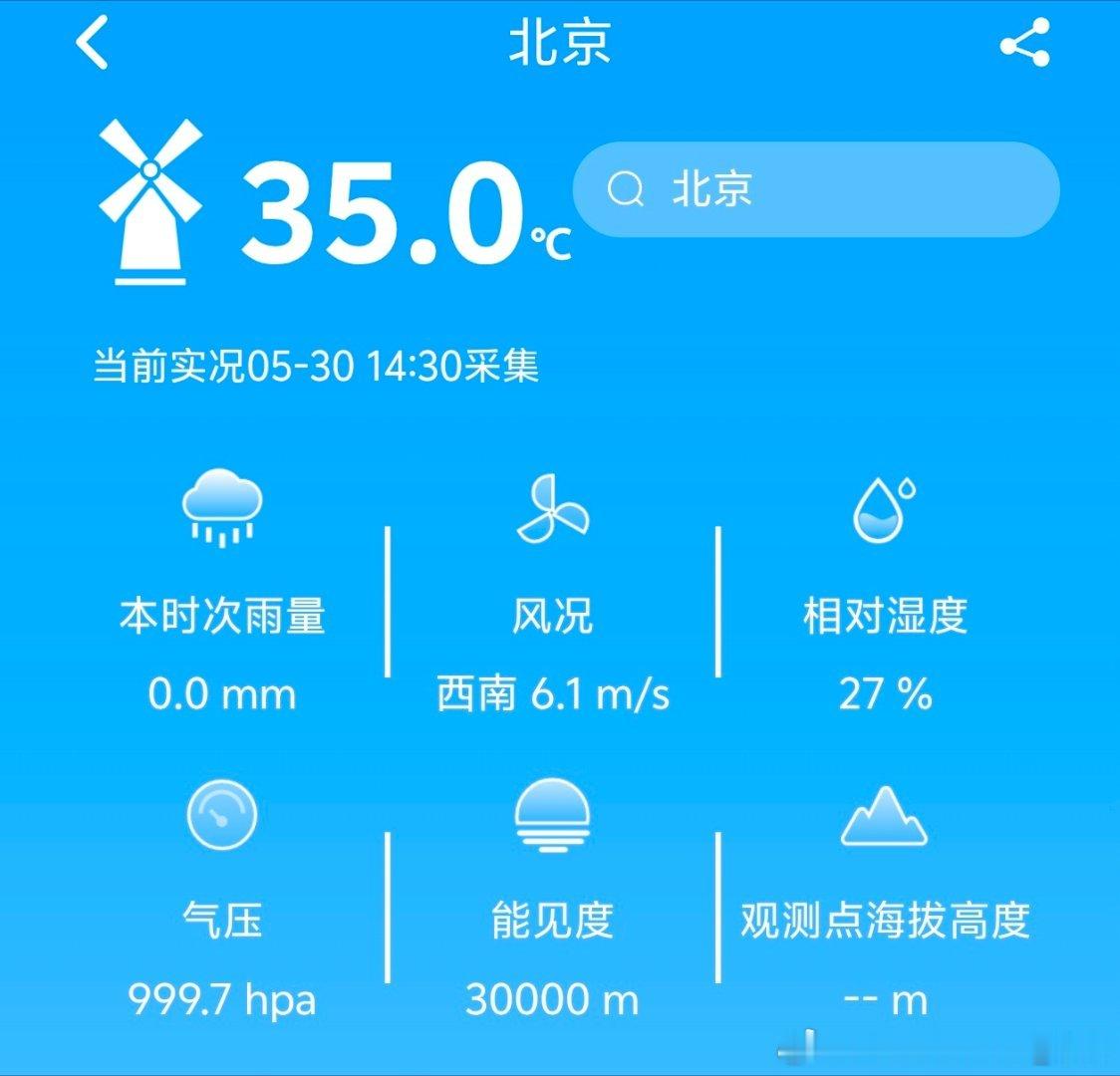 【高温】今天下午北京南郊观象台气温冲上35℃，拿下今年首个高温。较常年平均6月1