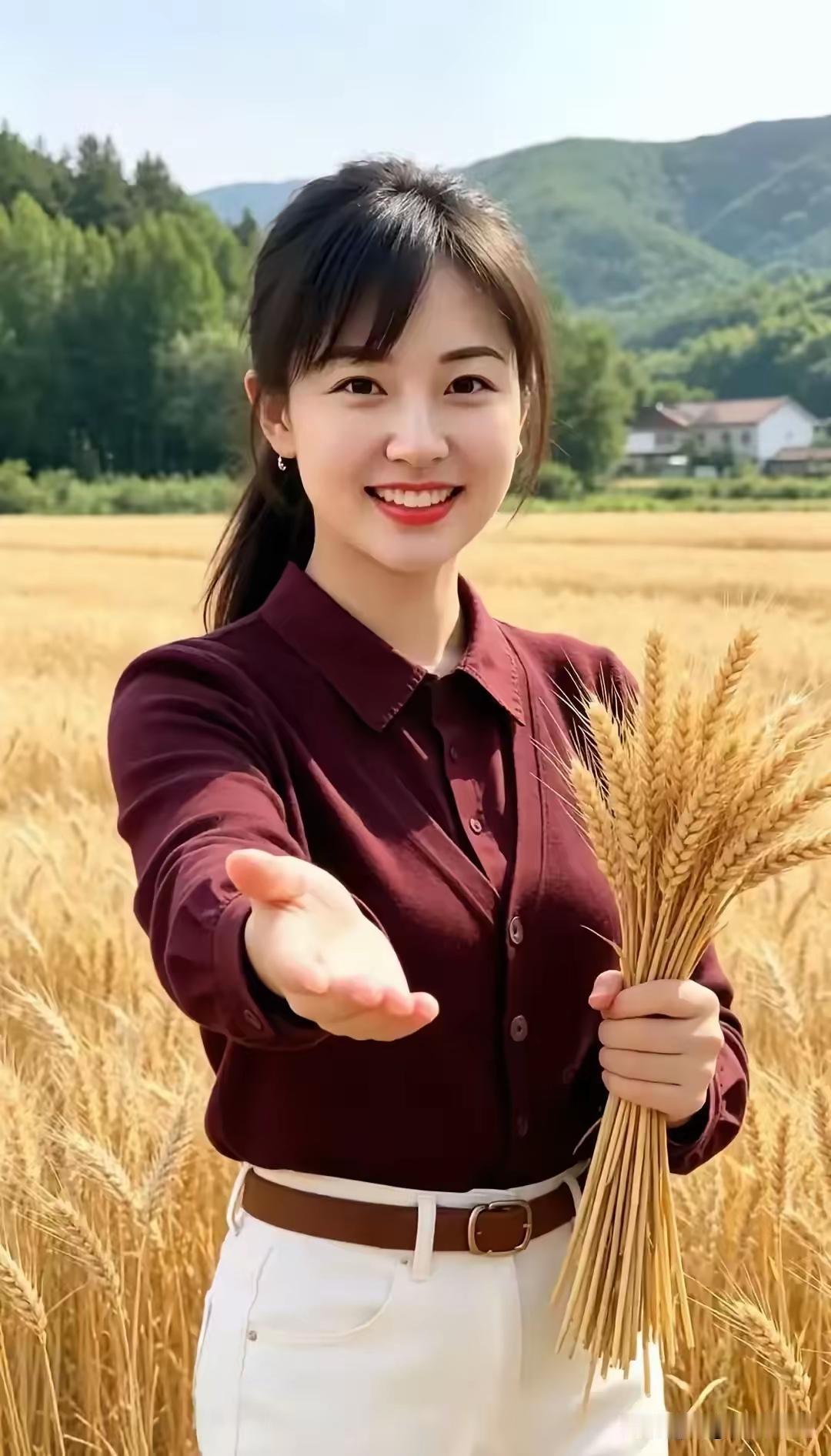 《今朝村姑美》
村姑清秀气质娇，
衣着红衫靥然笑。
纤手柔伸邀宾客，
共赏美景醉