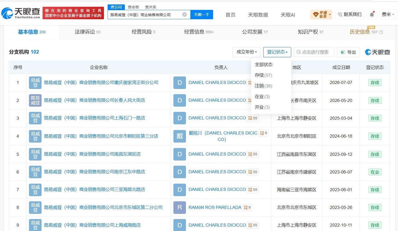 【LV中国旗下超十家分支机构已注销 LV中国现有超百家分支机构】LV全国多地门店
