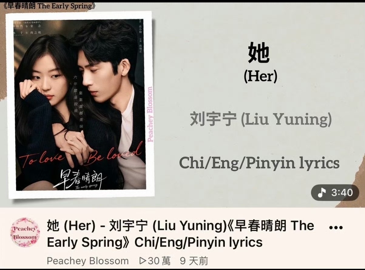刘宇宁的ost《她》剧播期间在youtube已成爆曲  ，仅九天累计超过159万