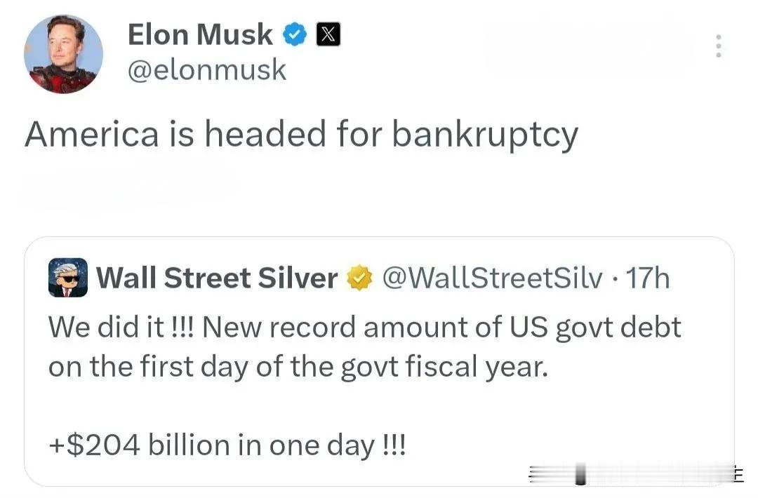 🇺🇸 埃隆·马斯克(Elon Musk)简洁地评论---"美国即将破产"…