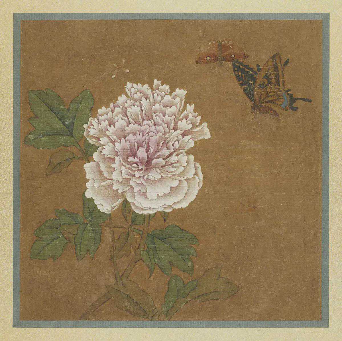 元 沈孟坚 牡丹蝴蝶图。采用"双勾填彩"经典技法，通过层层渲染塑造出牡丹花瓣的丰