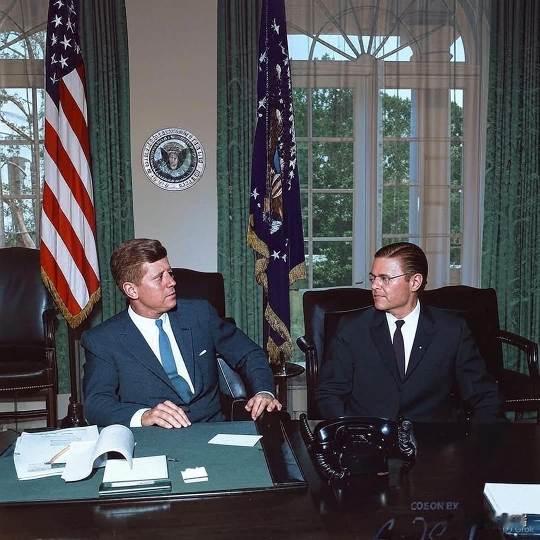 美国第35任总统约翰·F·肯尼迪与时任国防部长罗伯特·麦克纳马拉坐在华盛顿特区白