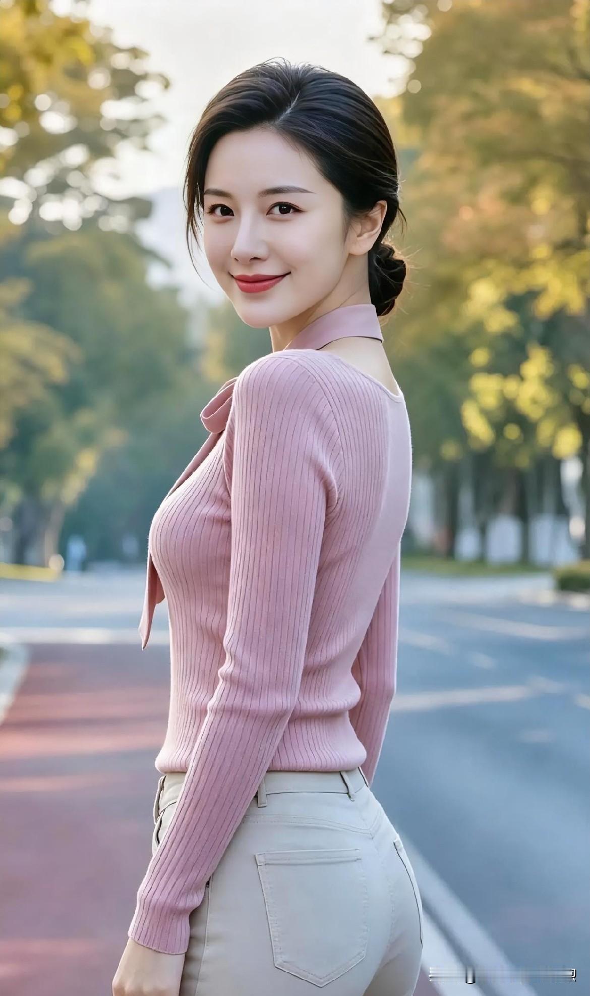粉调针织温柔贴合，浅色长裤利落简约，林荫道回眸浅笑，尽显秋日午后的慵懒与知性。