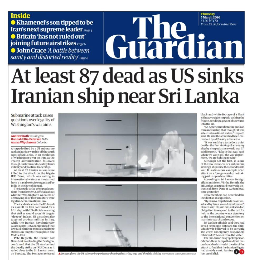 据《卫报》报道，二战之后，史无前例，一艘伊朗军舰在斯里兰卡附近水域被美国鱼雷击中