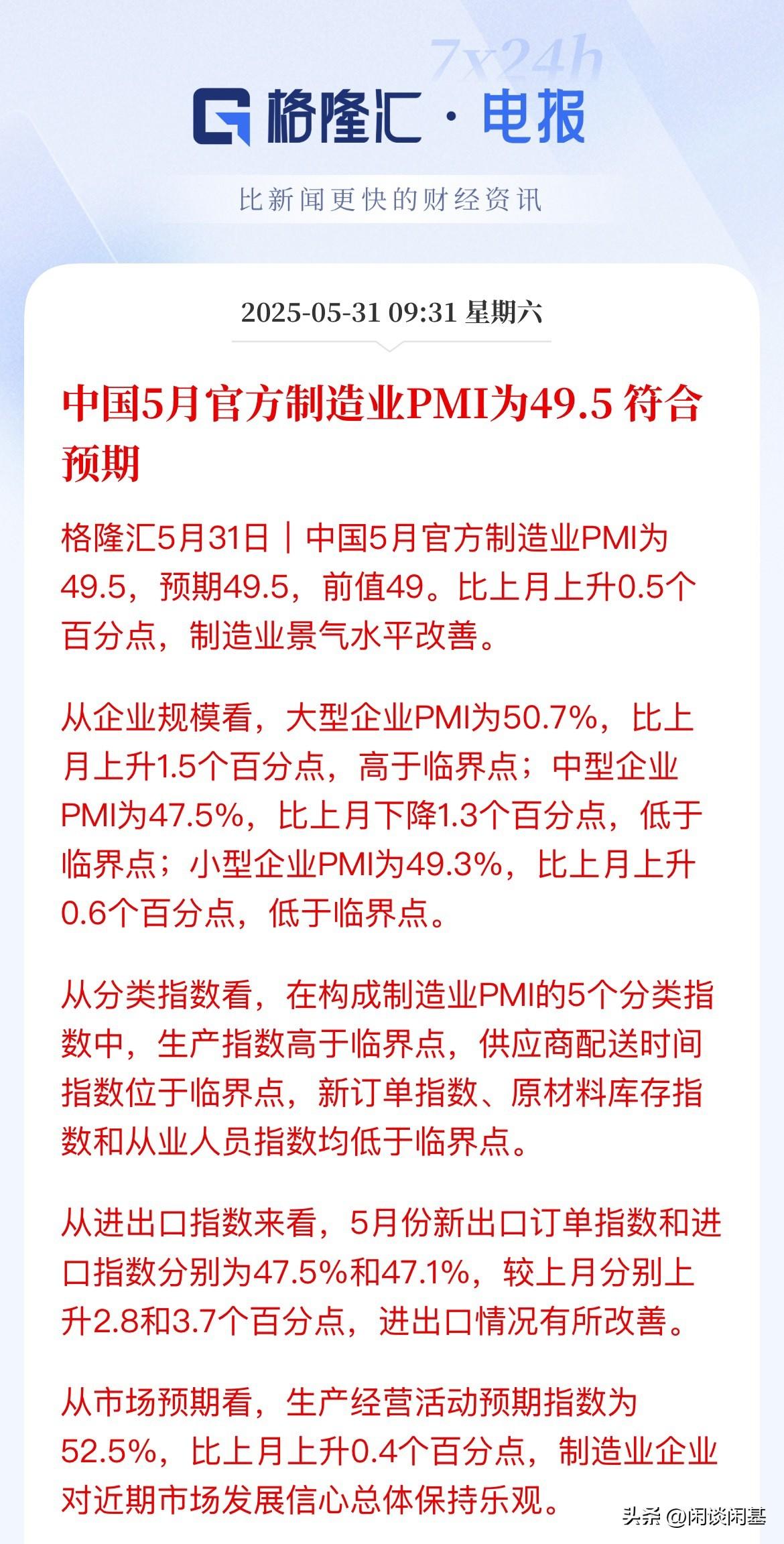 重磅数据出炉！中国5月官方制造业PMI回升0.5个百分点，符合预期

今天公布的