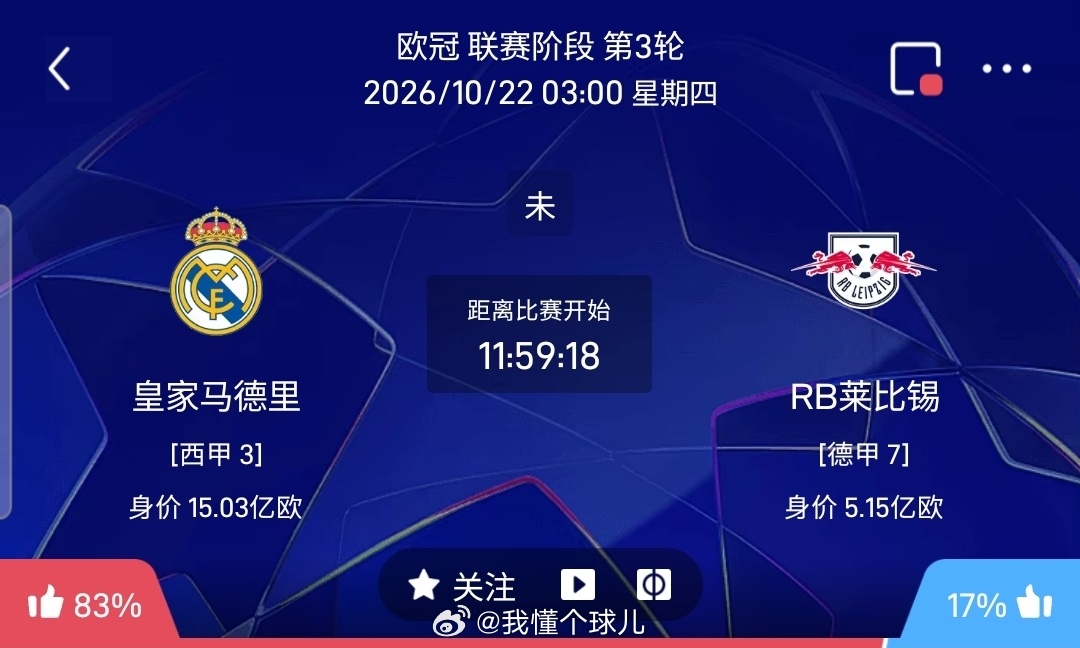 【足球】周三007欧冠方向：皇马vs莱比锡红牛欧冠：皇马VS莱比锡红牛时间：20