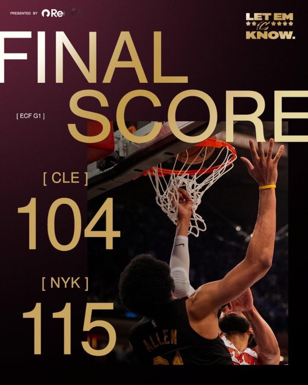 5月20日NBA季后赛东部决赛第一场战报：

骑士104-115尼克斯，本场比赛