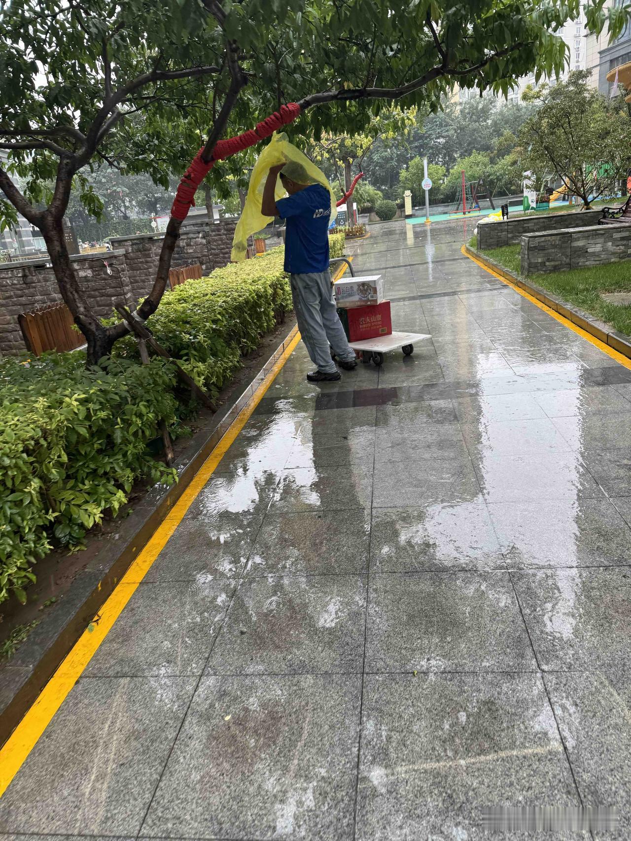 昨天下大雨，我从银行出来的时候，工作人员送给我一件雨衣。
到小区后，看到快递小哥