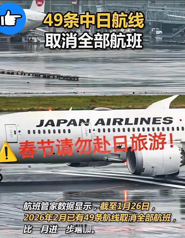 刚出的消息，这个月又有49趟赴日航班直接取消，1月赴日航班取消率飙到47.2%，