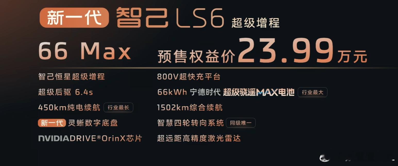 没想到下半年第一个掀桌子的是智己。LS6，5米的中大型SUV。66度宁德时代骁遥