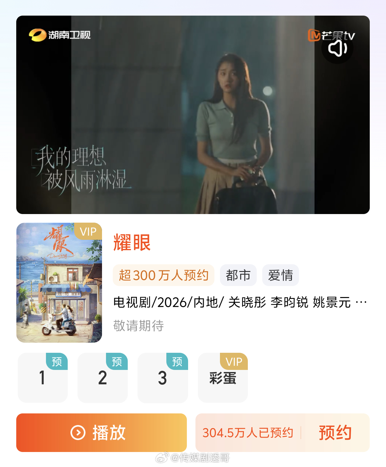关晓彤、李昀锐《耀眼》芒果tv站内预约量破300万，是芒果目前预约量最多的剧耀眼