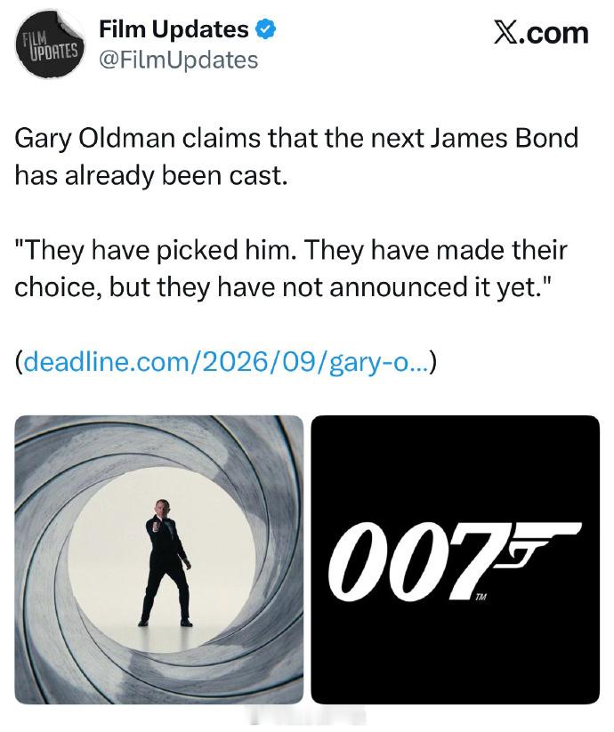 曝新007人选已敲定 加里·奥德曼称下一任詹姆斯·邦德已经选定，“他们已经选定了