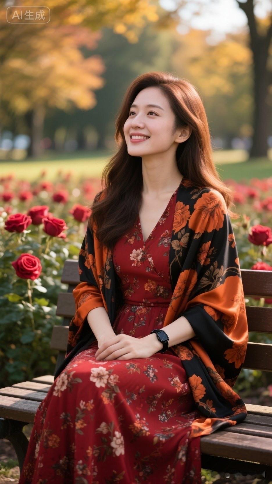 秋日公园里的浪漫时光，红裙与花海相映成趣