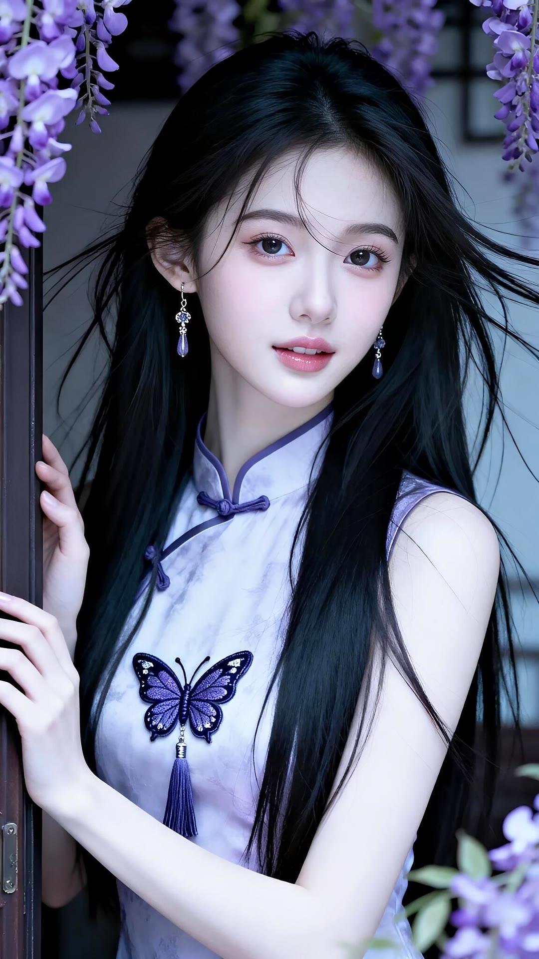 紫藤花下，仙气少女与蝴蝶翩翩起舞