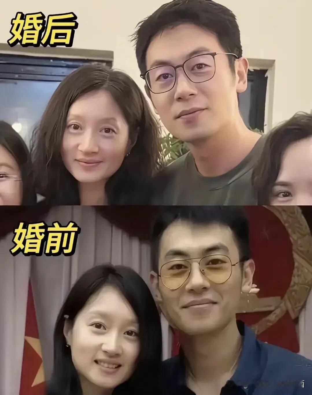 朱亚文和沈嘉妮两个人在结婚前后的颜值对比，42岁的沈佳妮明明比41岁的朱亚文年轻