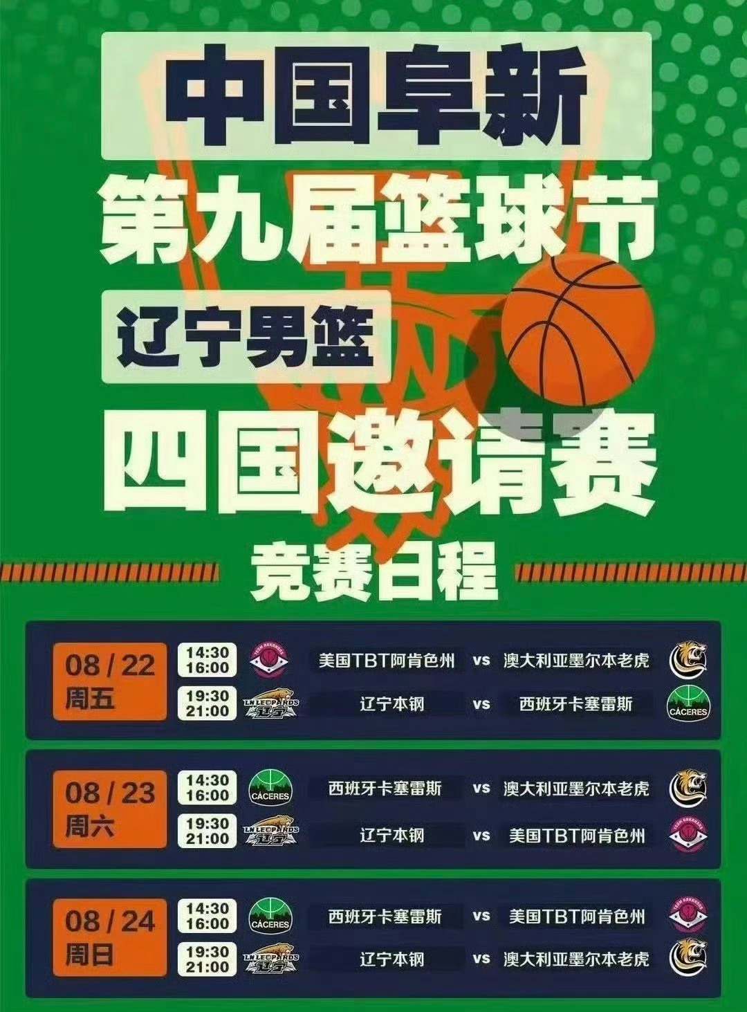 四国邀请赛，期待一下辽宁男篮将在阜新进行三场比赛8月22日19:30辽宁男篮vs