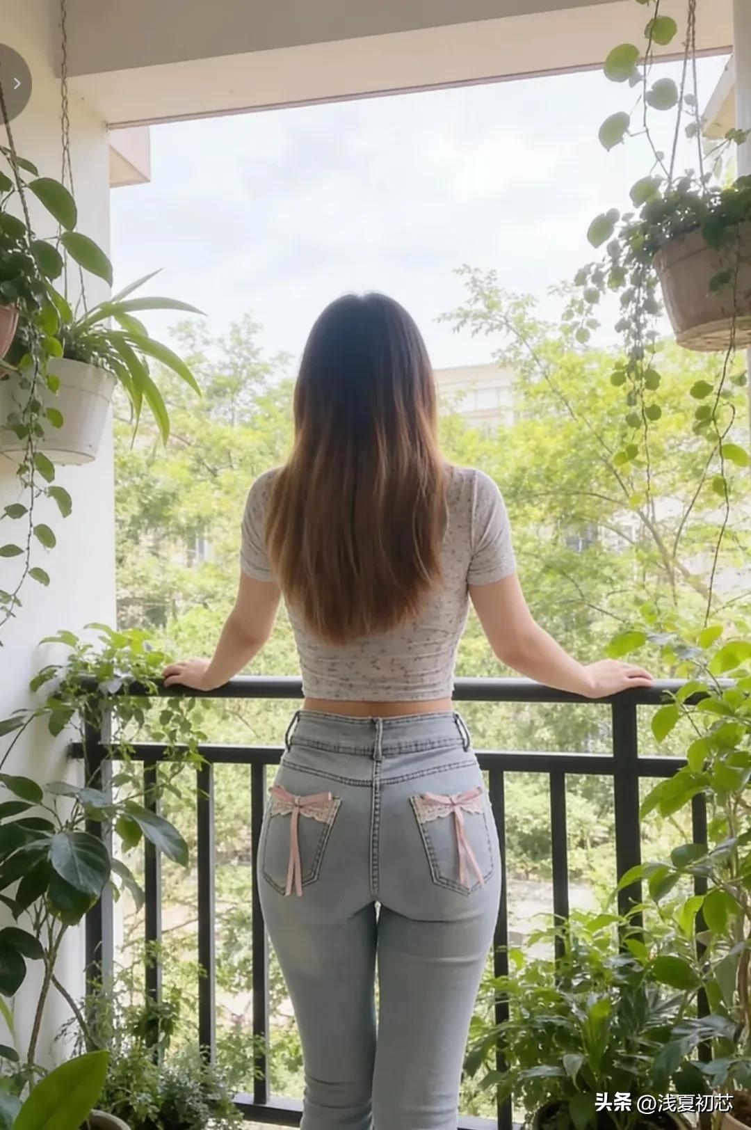 阳台绿植环绕，少女背对镜头，享受宁静时光。