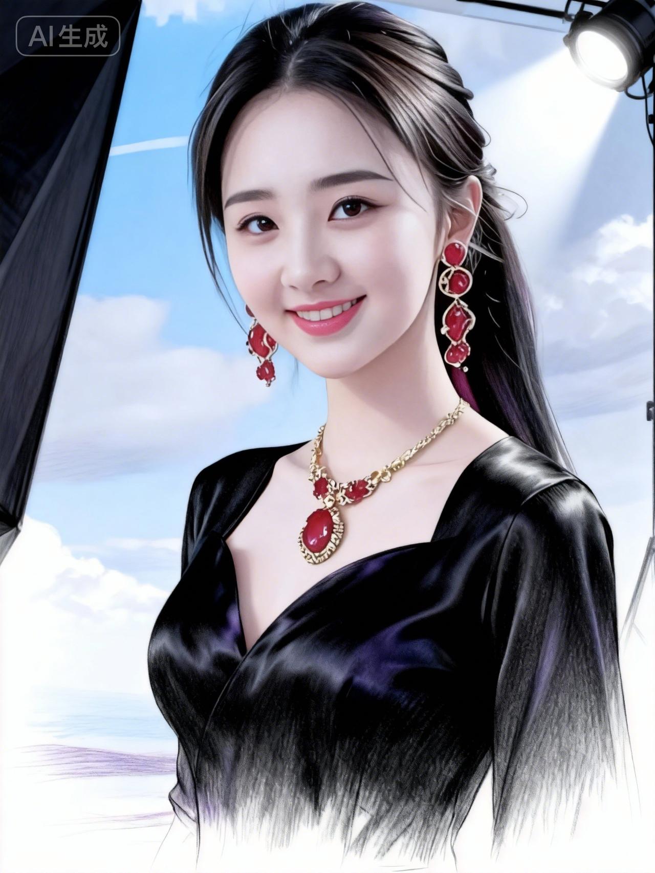 甜美女孩。红宝石项链，优雅黑裙，阳光下的微笑😊