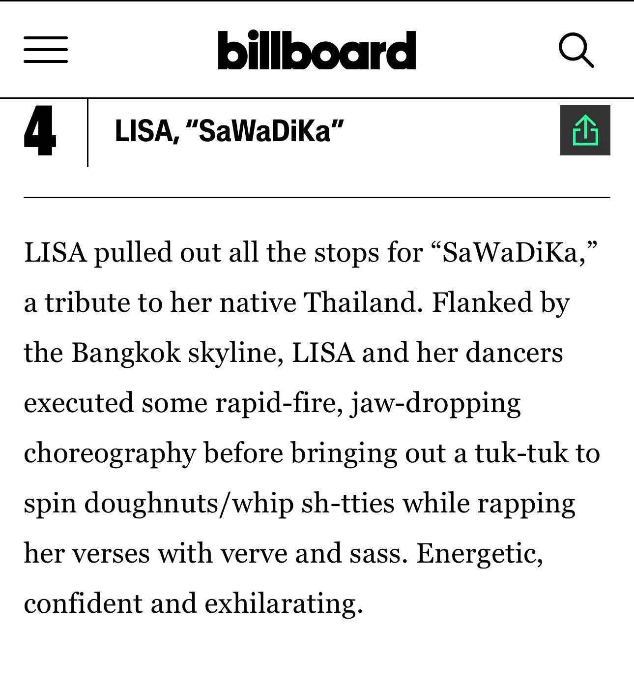 Billboard将Lisa的《SaWaDiKa》舞台评为本届VMA第四佳表演?