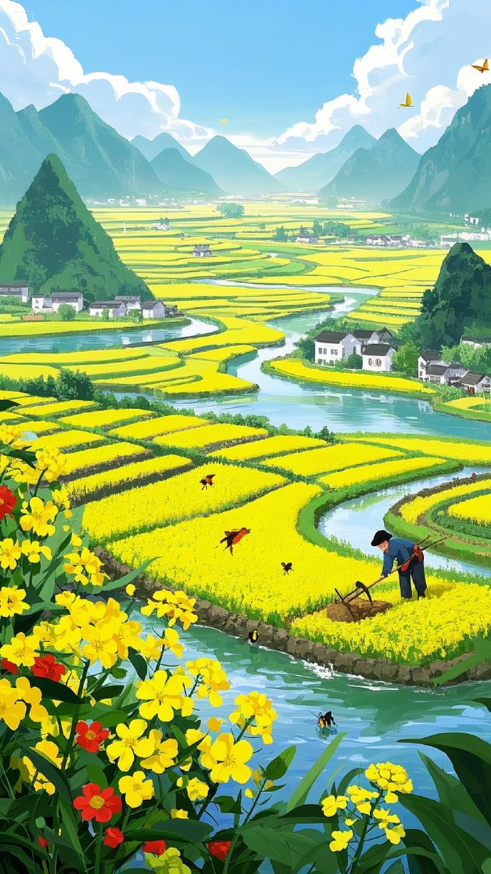云南春早，山青水秀，田间农忙，蝶舞蜂飞。一幅天然佳画，陶然醉了吾徒。 ​​​