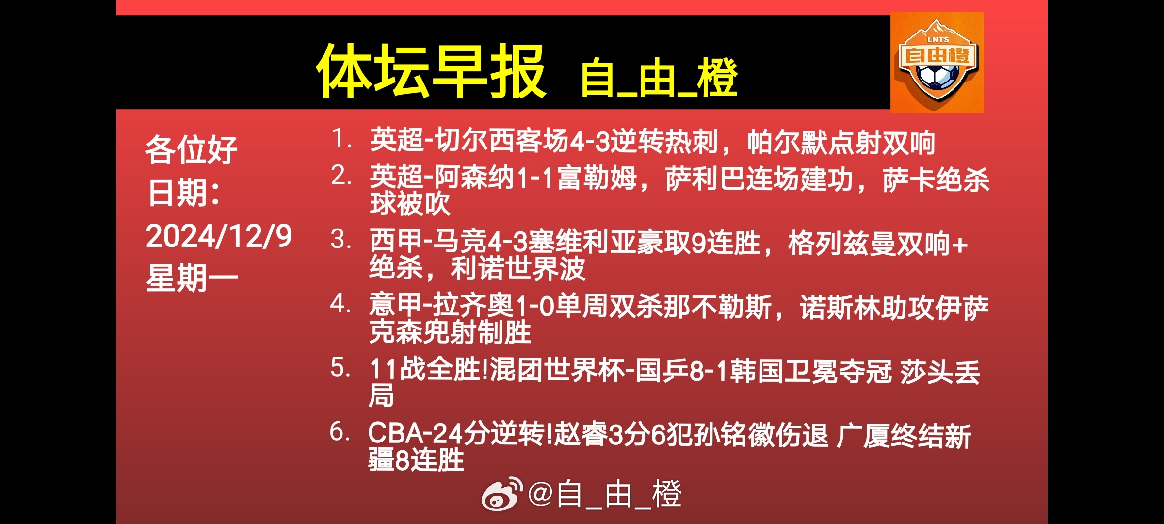 🌐《自由橙足球早报》 12.09 周一➭切尔西客场4-3逆转热刺，帕尔默点射双