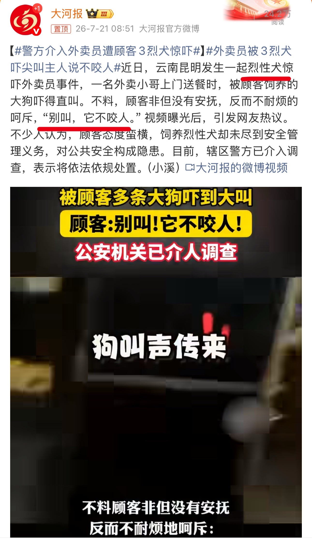 经典语录又来了：别叫，我的烈性犬不咬人这可是烈性犬呢外卖员被3烈犬吓尖叫主人说不