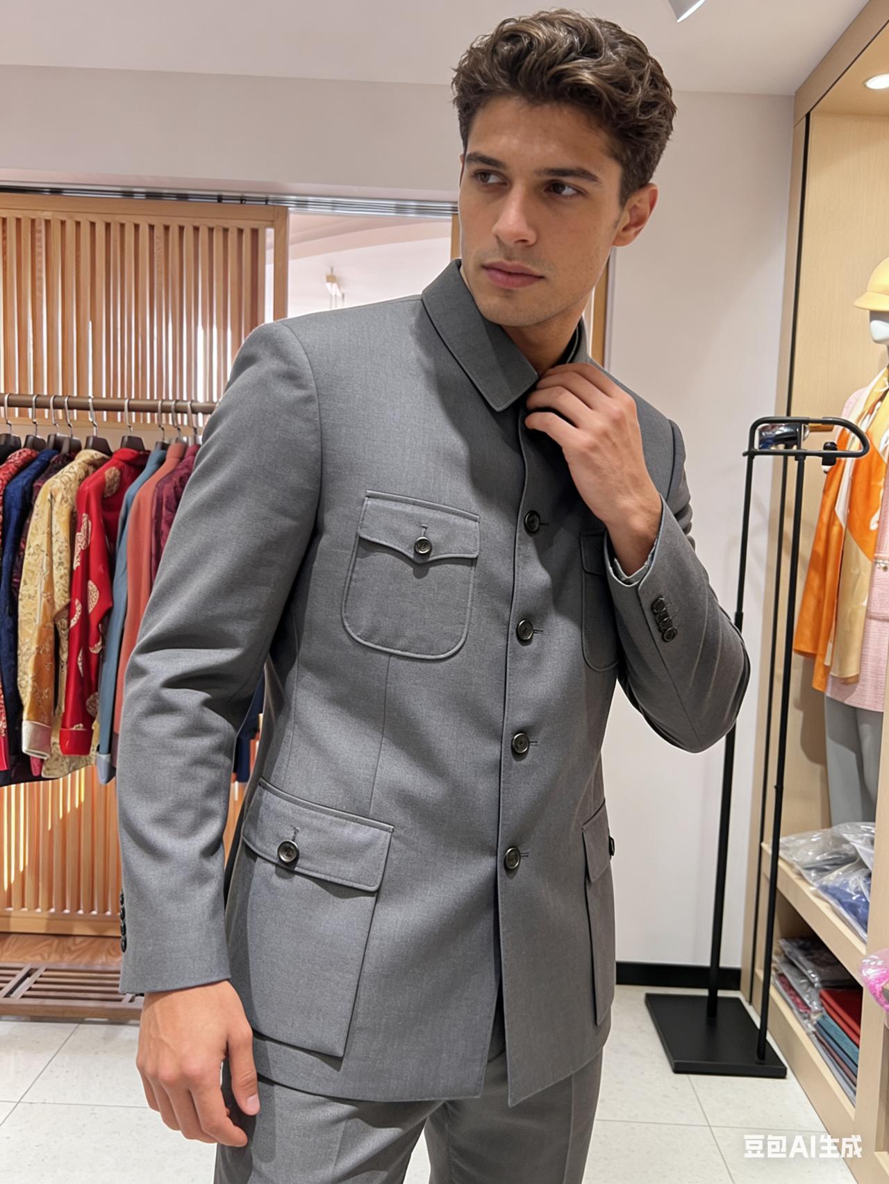 这帅哥在试穿灰色西装呢！