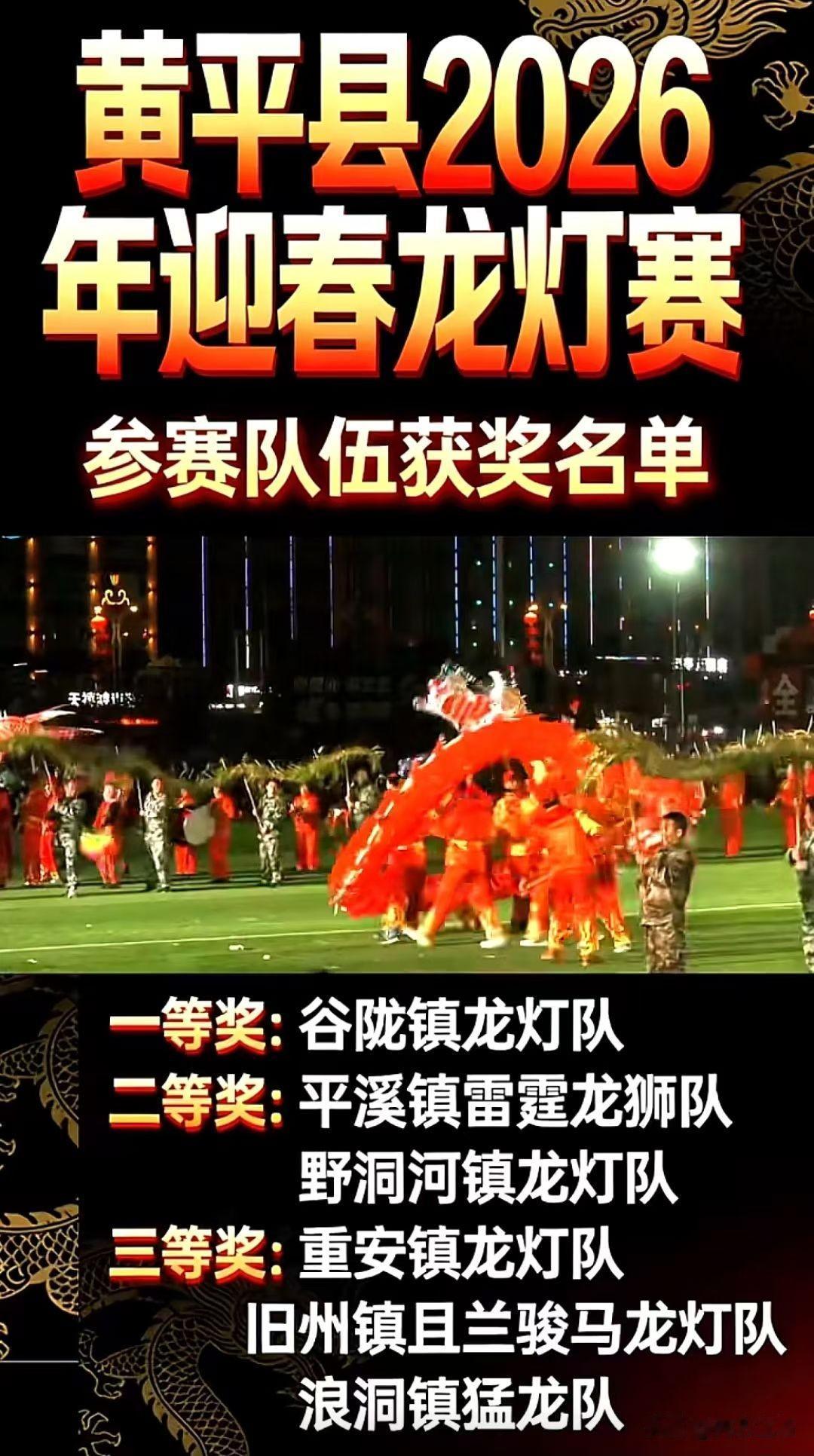 黄平县2026年迎春龙灯赛，
浪洞镇猛龙队，​斩获第三名。
