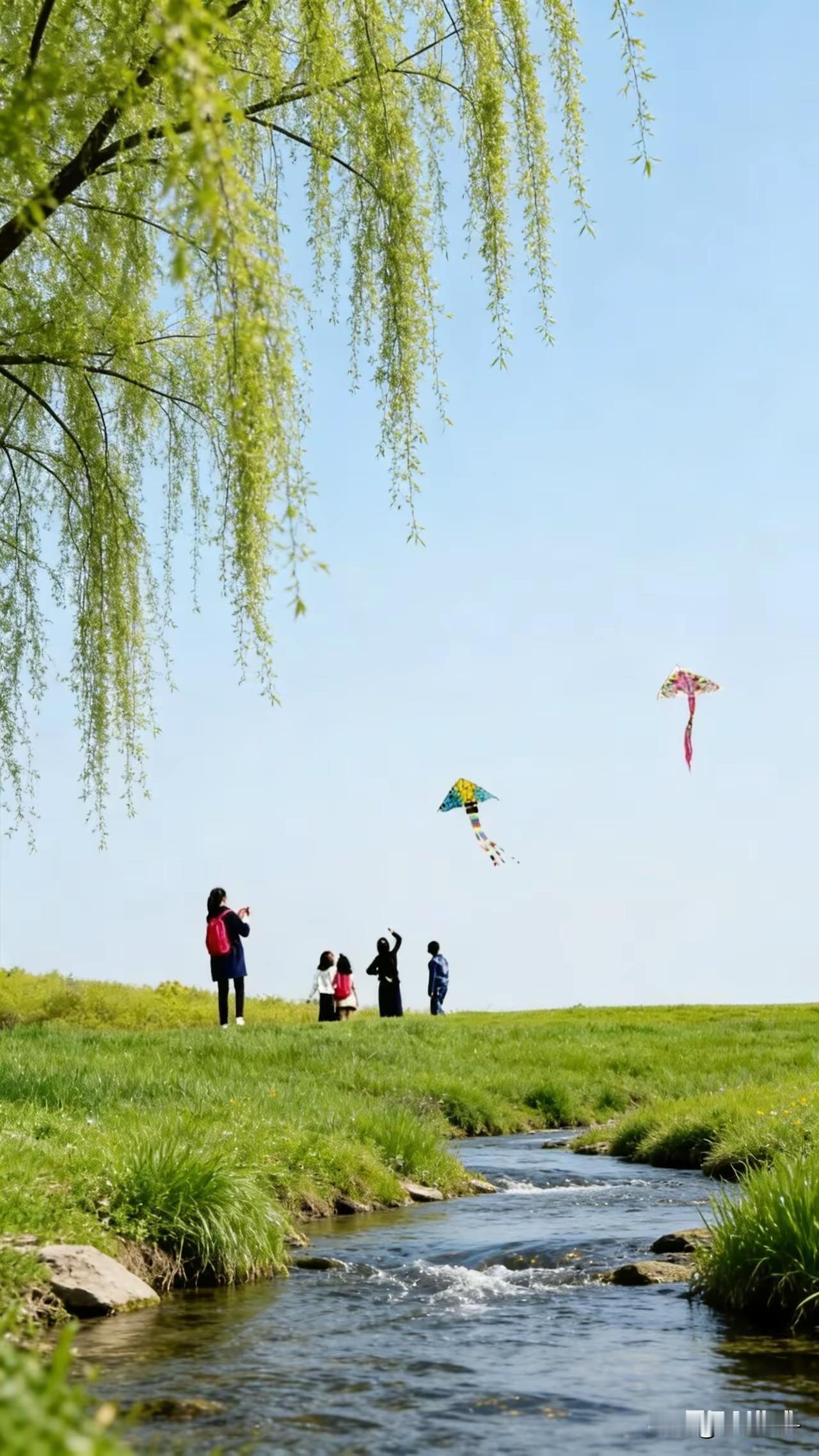 天净沙·春景踏青
莺啼柳翠含烟，
溪清风顺鸢旋。
笑语随春梦远。
爱侣同眷，
杜