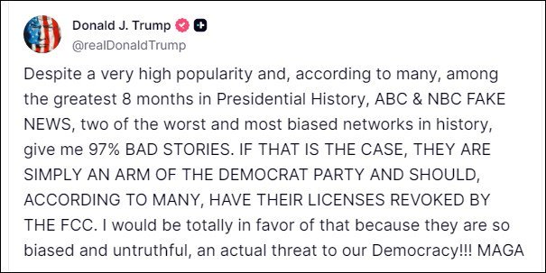 【#特朗普怒斥NBC和ABC是史上最差#，应该吊销执照】经常和媒体爆发冲突的美国