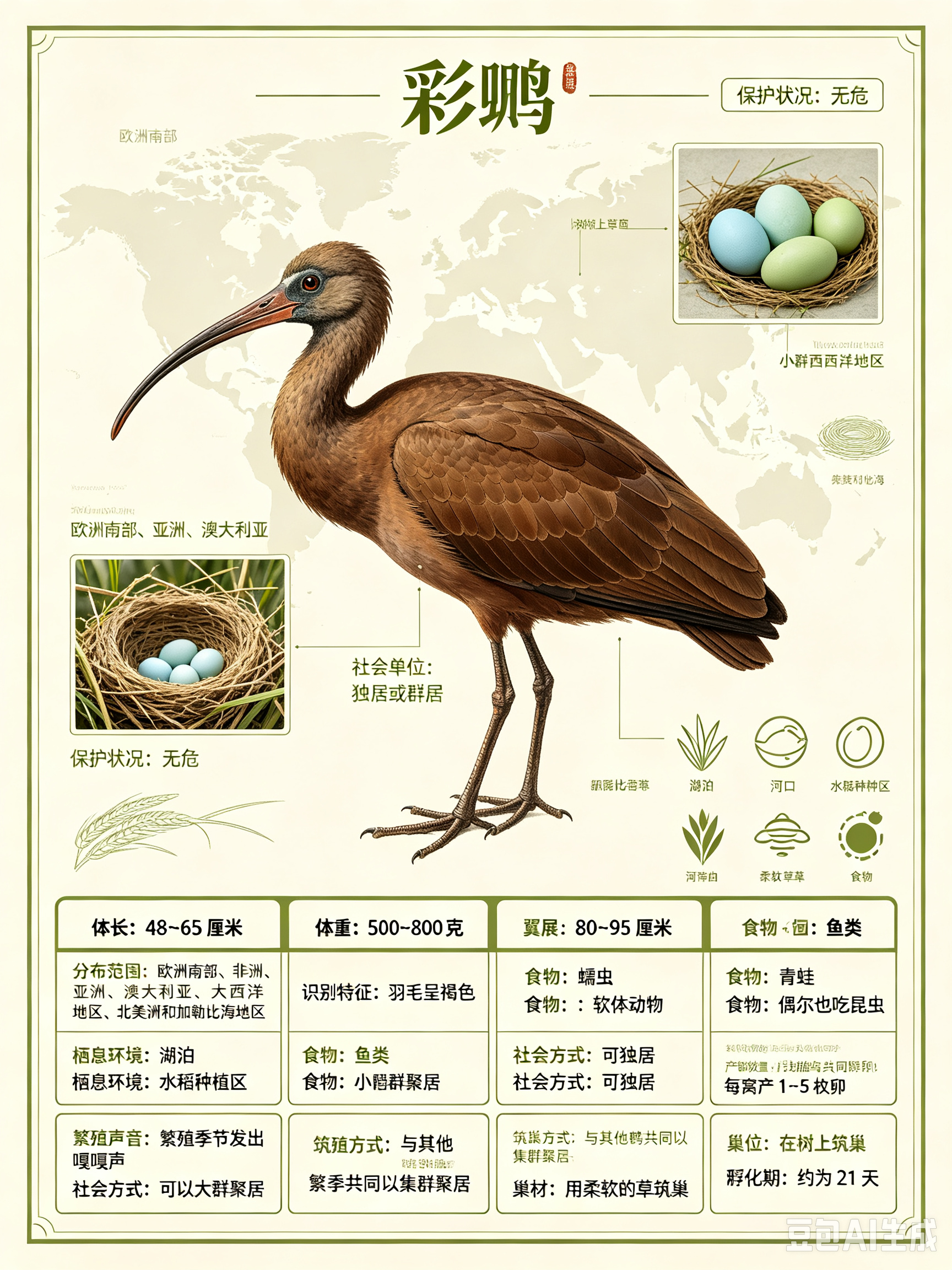 鸟类朋友图鉴 彩鹮体长：48~65 厘米体重：500~800 克翼展：80~95