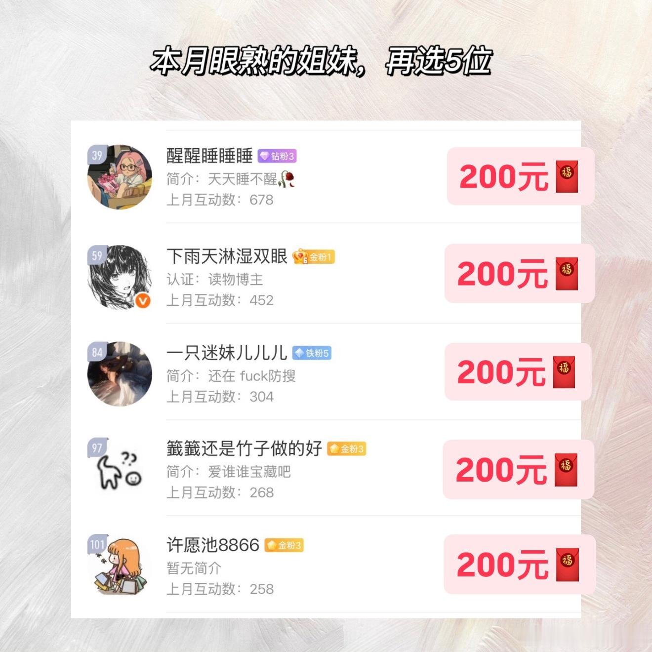 7月互动🎁来啦！这个月简单粗暴直接打钱🤣这十位姐妹每人200红包！咱们下个月