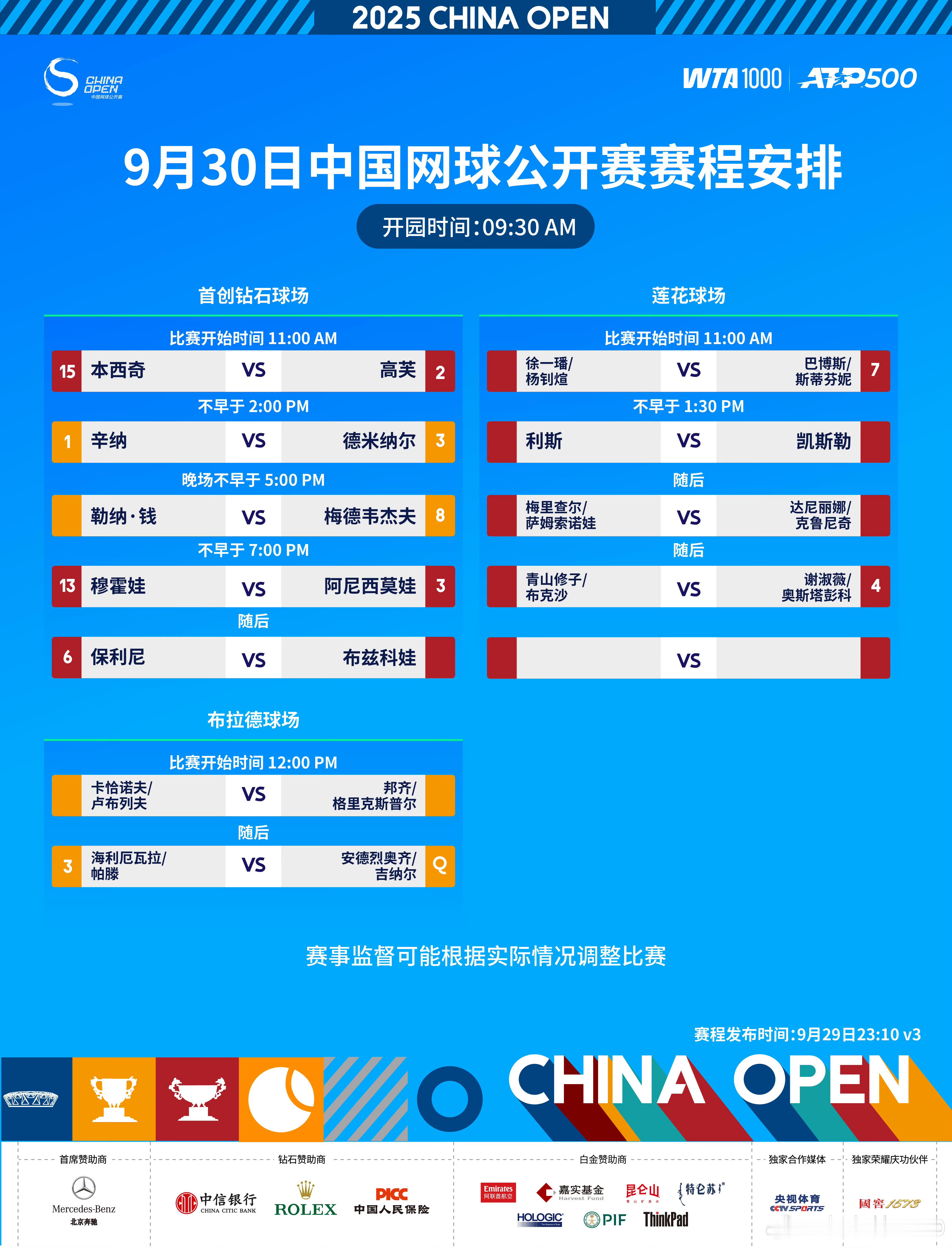 早上好，正赛第七天！今天继续在莲花球场坐班，双打先开，女子名将云集！WTA：3双