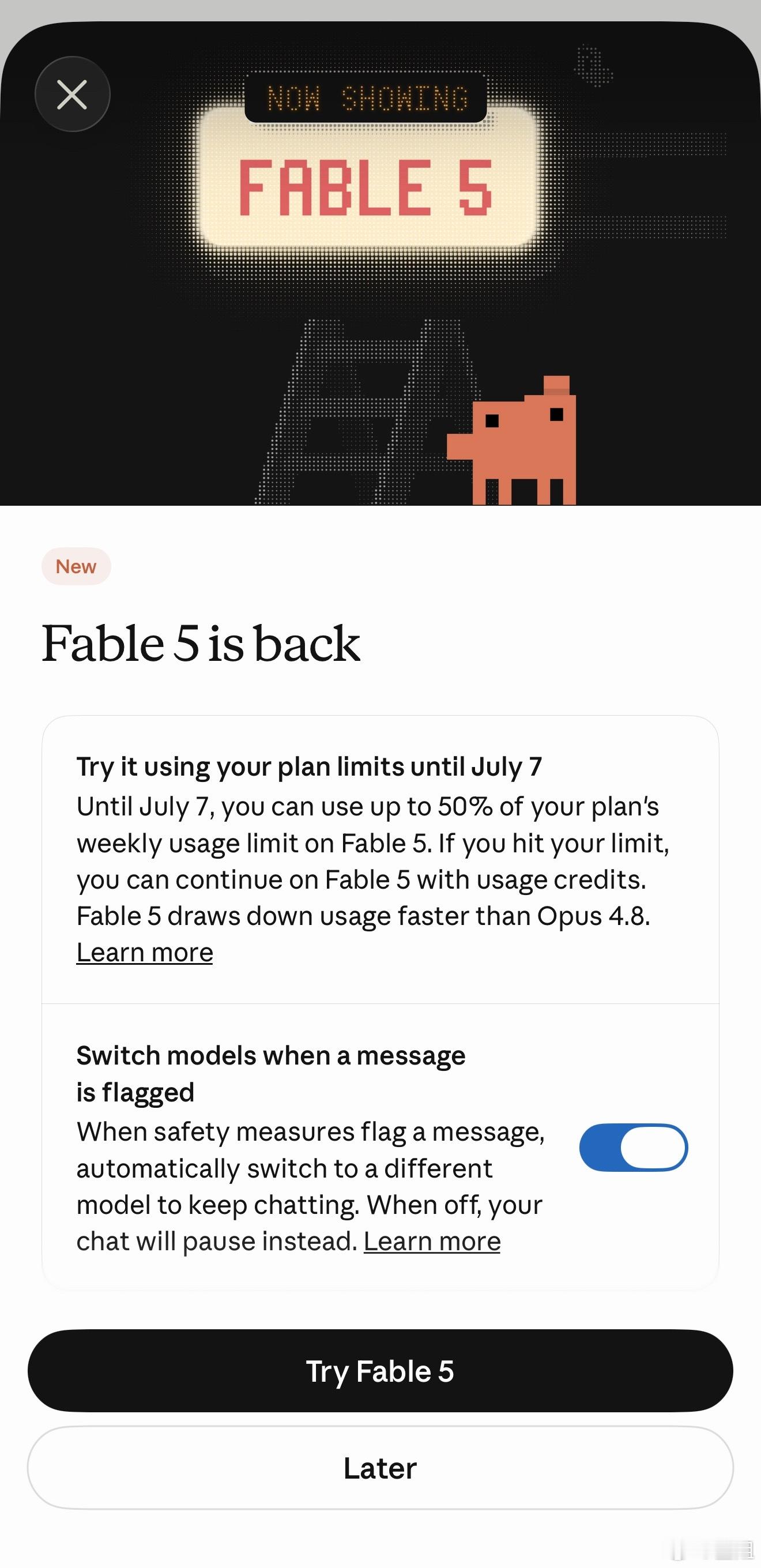 Claude fable 5回来了！但有的问题它不回答会跳回opus4.8总之，