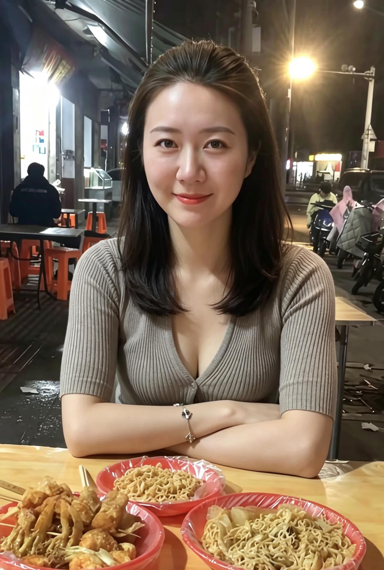 路灯把背景揉成暖黄，
你笑着望向镜头，
眼里盛着温馨柔软的光。
美食冒着热气，