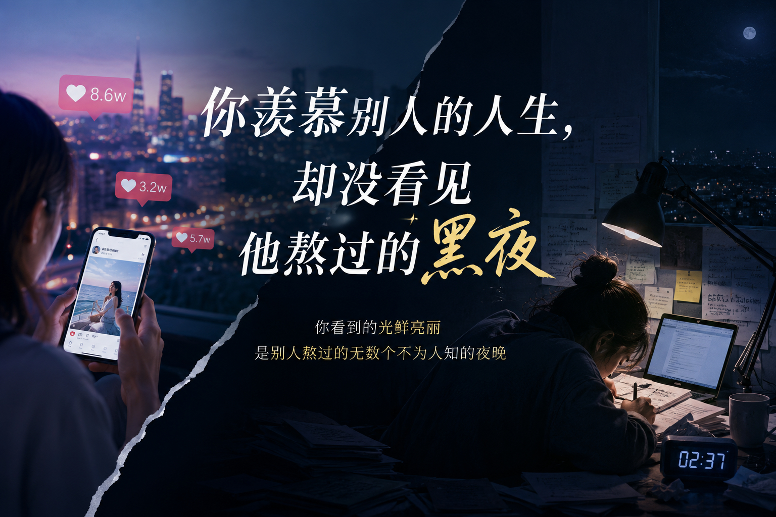 你羡慕别人的人生，却没看见他熬过的黑夜深夜刷手机，看到同学升职，朋友买房，曾经和