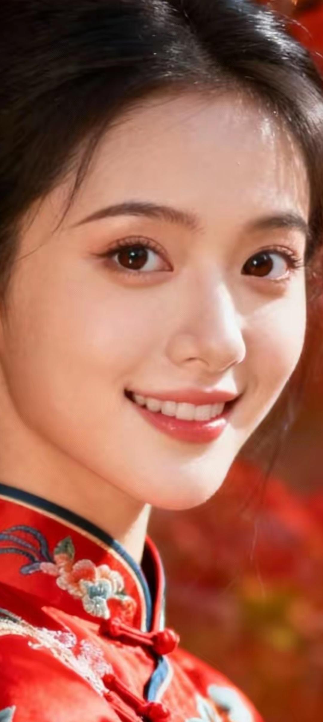 微笑如花绽，红衣映春光。