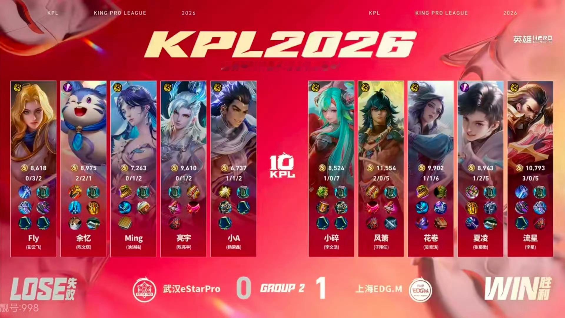 Fly首发登场EDGM对战eStar第一局BP如下 