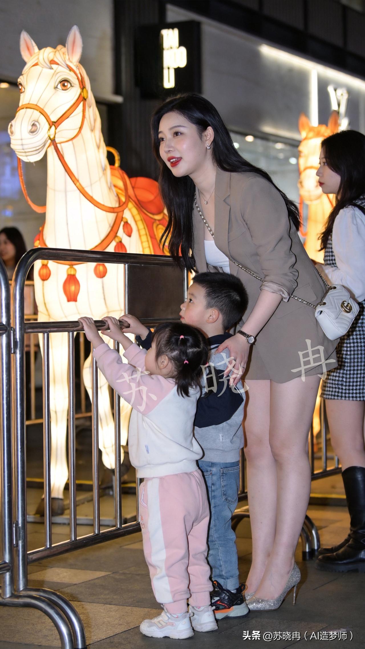 下班的脚步还带着匆忙，这位可爱的妈妈就牵着娃直冲广场。🏮
没片刻休整，她已笑着