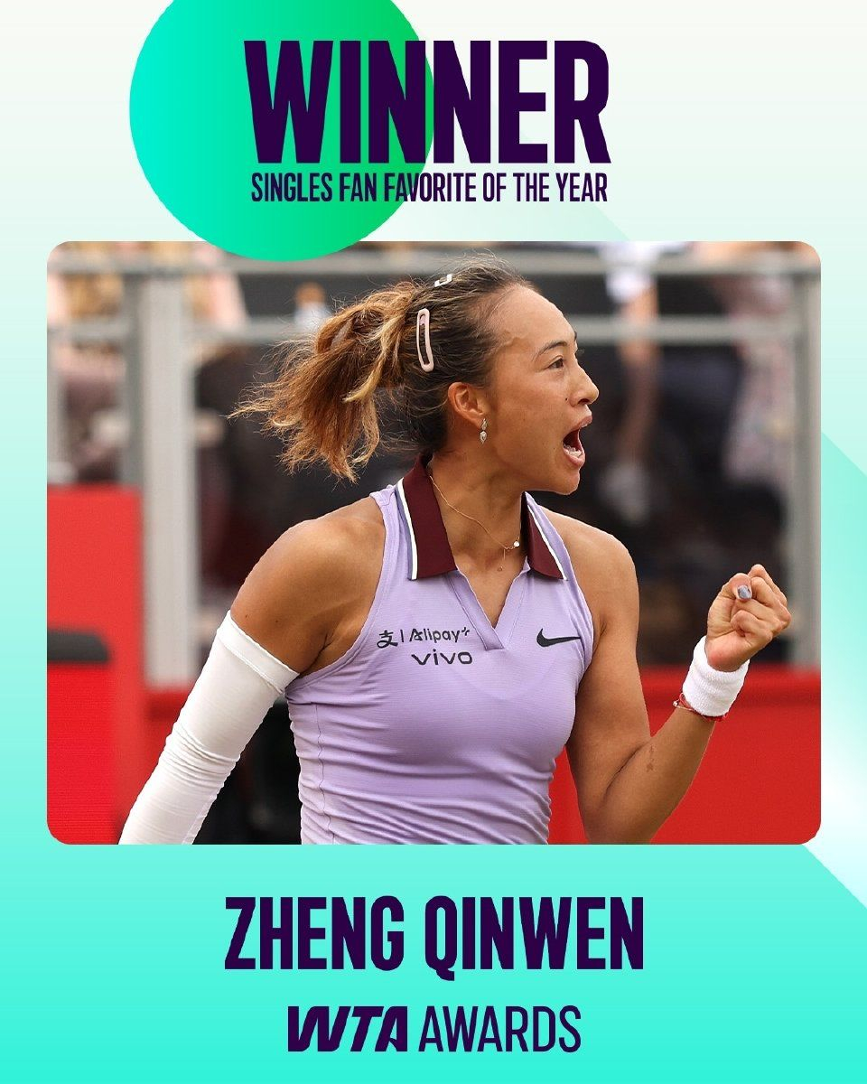 郑钦文当选WTA2025年度最受球迷欢迎单打球员国际女子网球协会（WTA）公布了