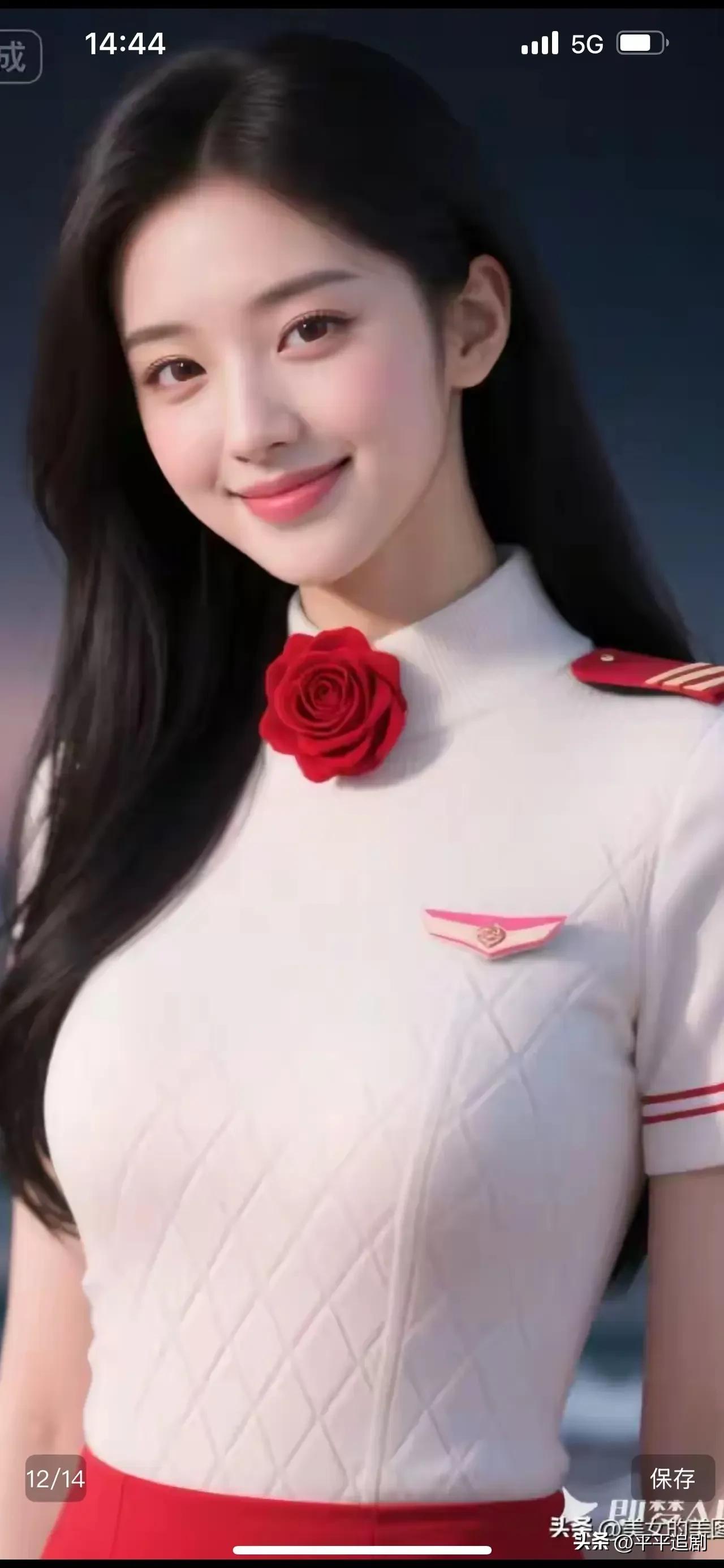 红玫瑰映着温柔笑意，制服勾勒出利落身姿，是云端之上的优雅，也是藏在细节里的明媚与