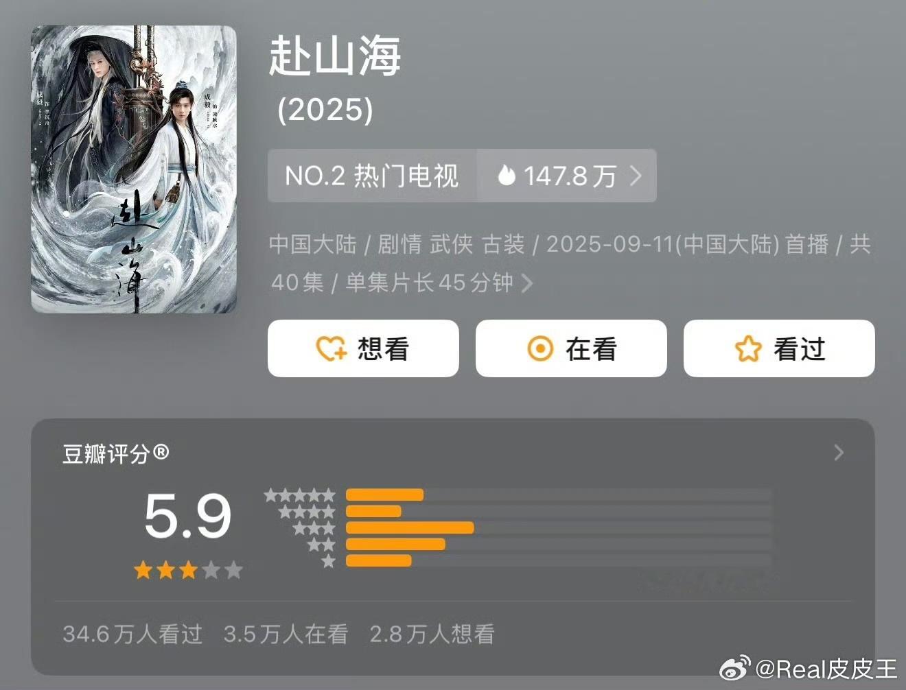 成毅[超话]成毅赴山海5.9分赴山海豆瓣5.9分 ​5.9分符合你的预期嘛？ ​
