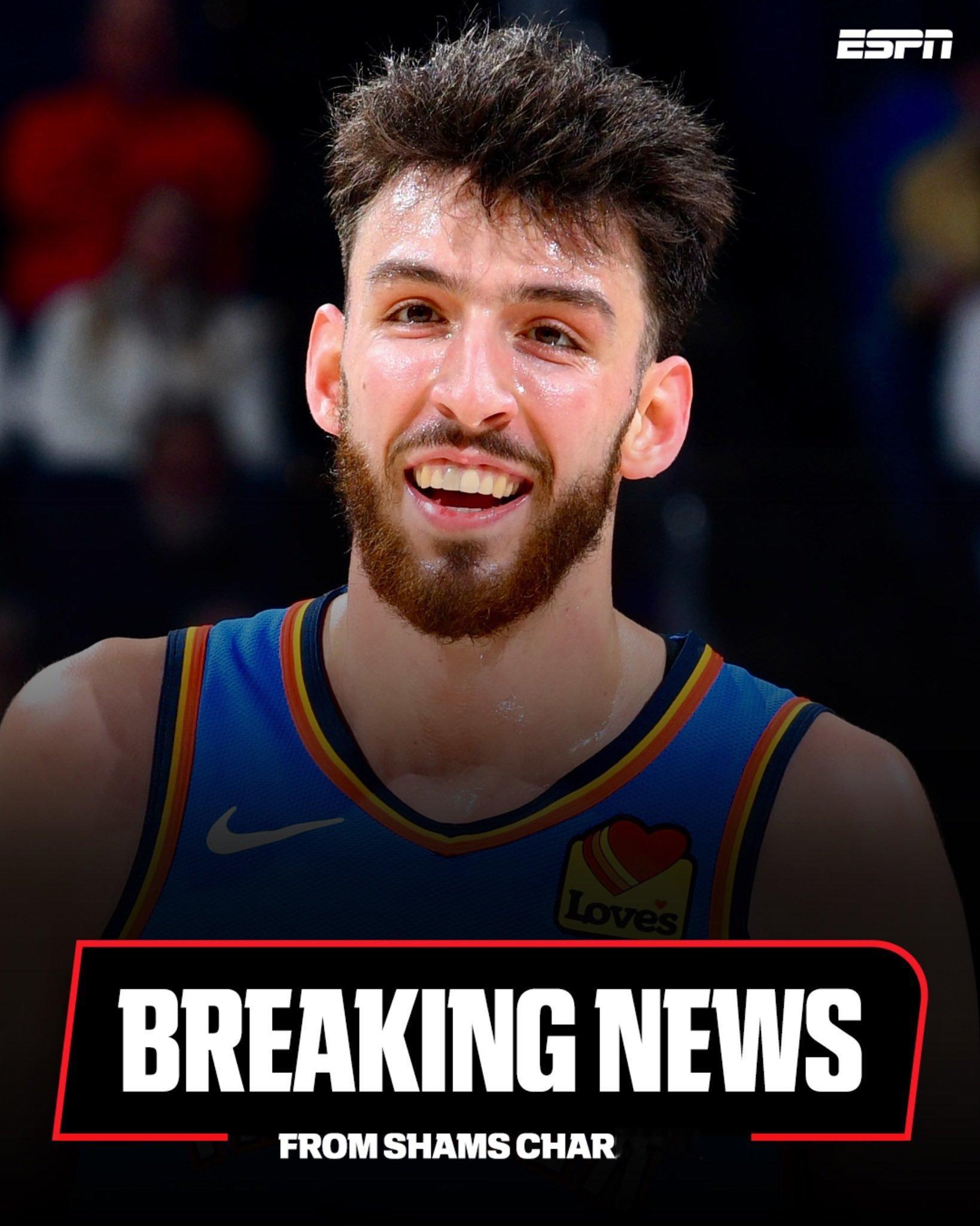 NBA 总冠军切特霍姆格伦已经同意续签一份为期五年最高金额的全额保障新秀合同，合