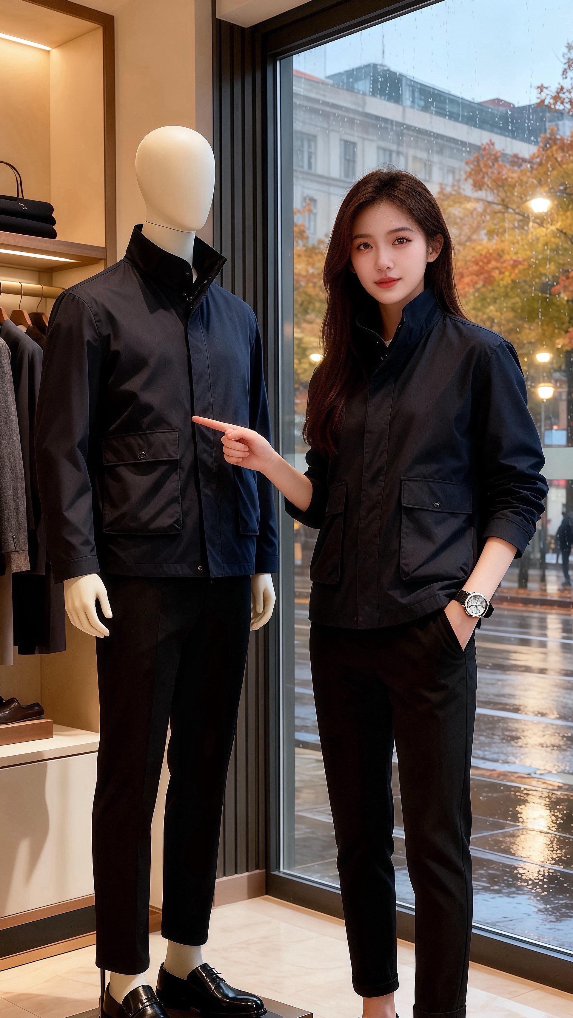 《雨街夹克》 秋雨裹着桂香漫过街面，许妍立在橱窗前，藏青夹克的口袋松松...