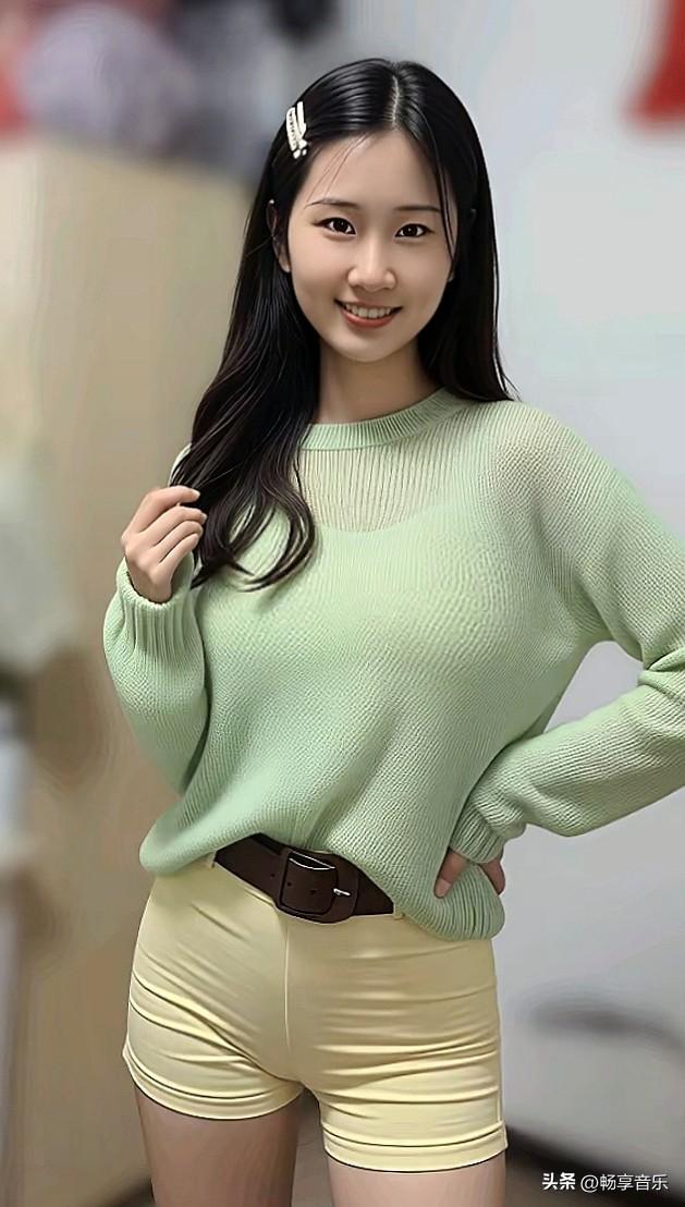 浅绿毛衣邂逅米白短裤，一身清新甜美元气装，点亮春日好心情。少女风写真照粉系少女写