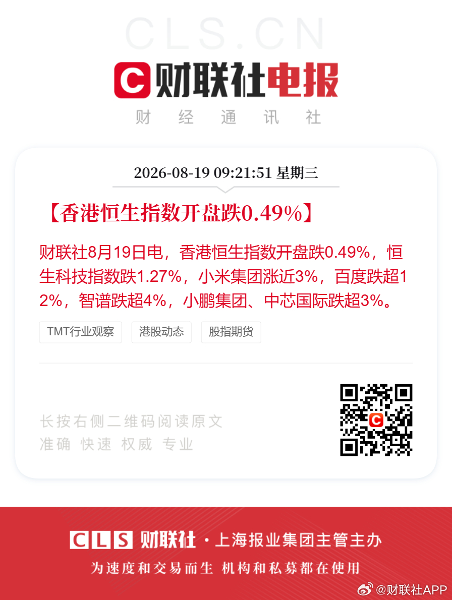 【香港恒生指数开盘跌0.49%】财联社8月19日电，香港恒生指数开盘跌0.49%
