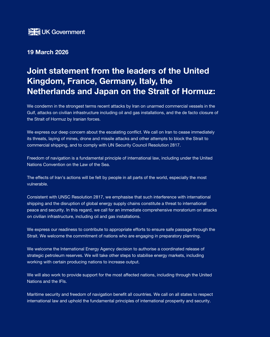 英国与法国、德国、意大利、荷兰和日本一道，表示愿意参与适当努力，确保霍尔木兹海峡